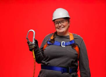 Woman wearing safety harness, hard hat, and safety glasses