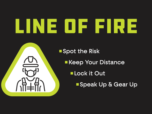 Graphic with green safety triangle and person inside it. Words on the graphic say Line of Fire: Spot the risk, keep your distance, lock it out, and speak up & gear up