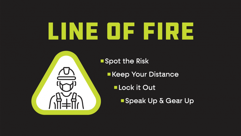 Graphic with green safety triangle and person inside it. Words on the graphic say Line of Fire: Spot the risk, keep your distance, lock it out, and speak up & gear up